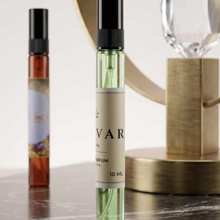 A 10 mL perfume atomizer spray bottle with a black spray cap and a beige label, standing on a dark marble surface. A larger, out-of-focus bottle is in the background on a light surface, with decorative gold and crystal objects behind it.