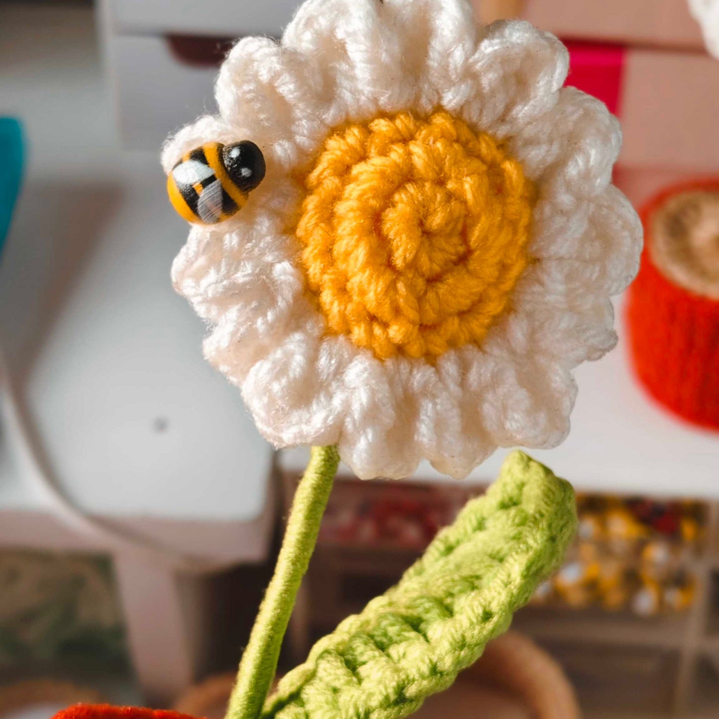 daisy flower with a bee on a blurred background