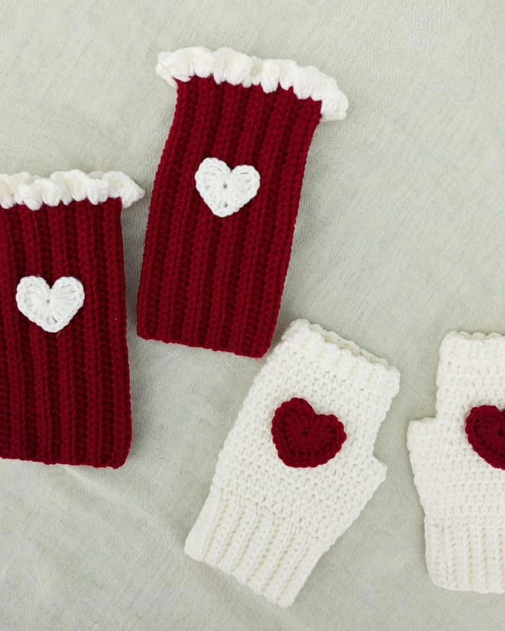 White Heart Crochet Hand Warmers
