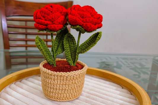 Crocheted red roses in a pot with 'Rukhsana' written on it, placed on a textured surface.