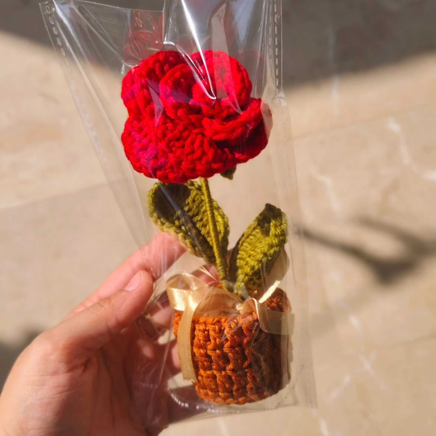 Hand holding a transparent bag with a red flower and orange base against a neutral background