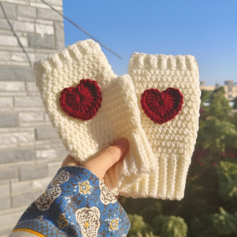 White Heart Crochet Hand Warmers