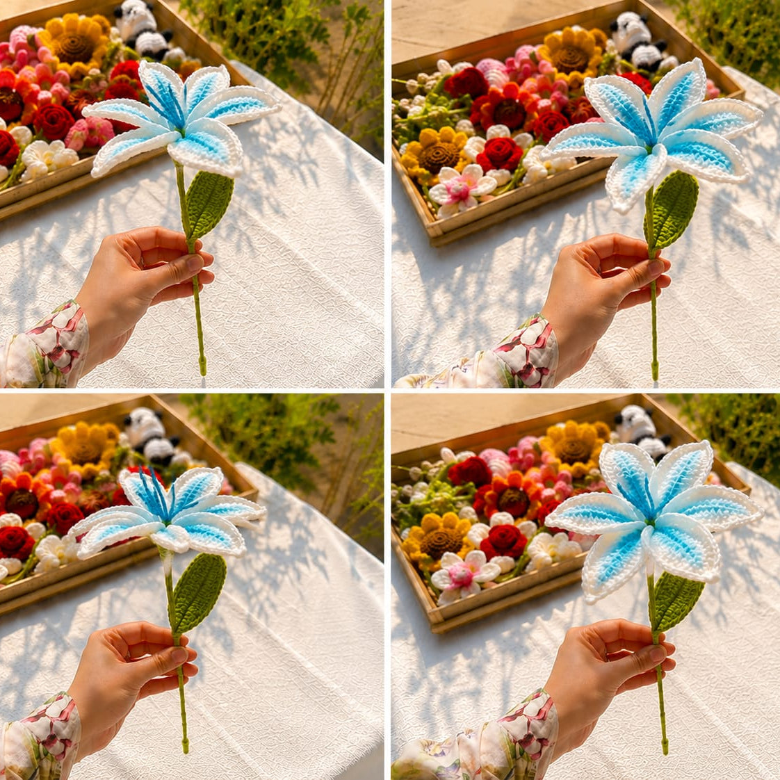 Collage of a person holding a blue flower-shaped object with green leaves, set against a floral background.