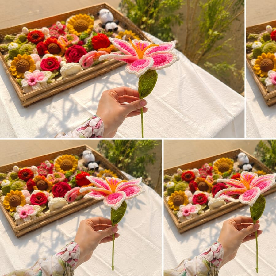 Collage of a person arranging colorful flower and leaf decorations on a wooden tray outdoors.