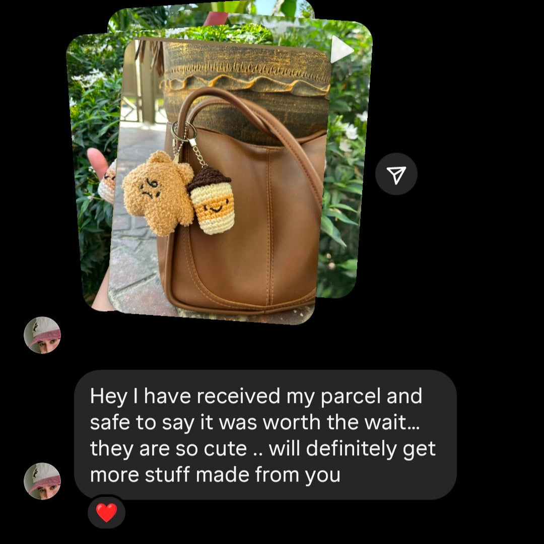 Brown leather bag with teddy bear keychains and a text overlay about receiving a parcel.
