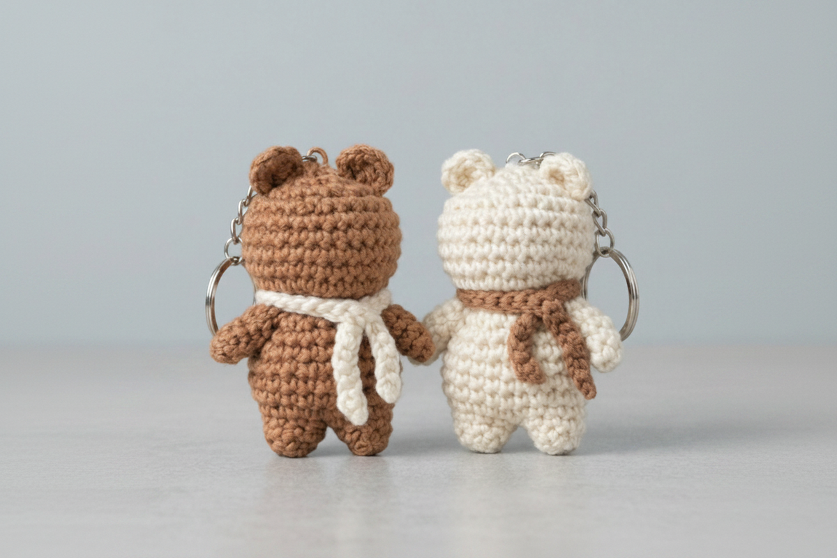 Two crocheted bear keychains holding hands on a light gray background