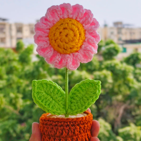 Crocheted daisy flower in a pot held against a blurred green outdoor background