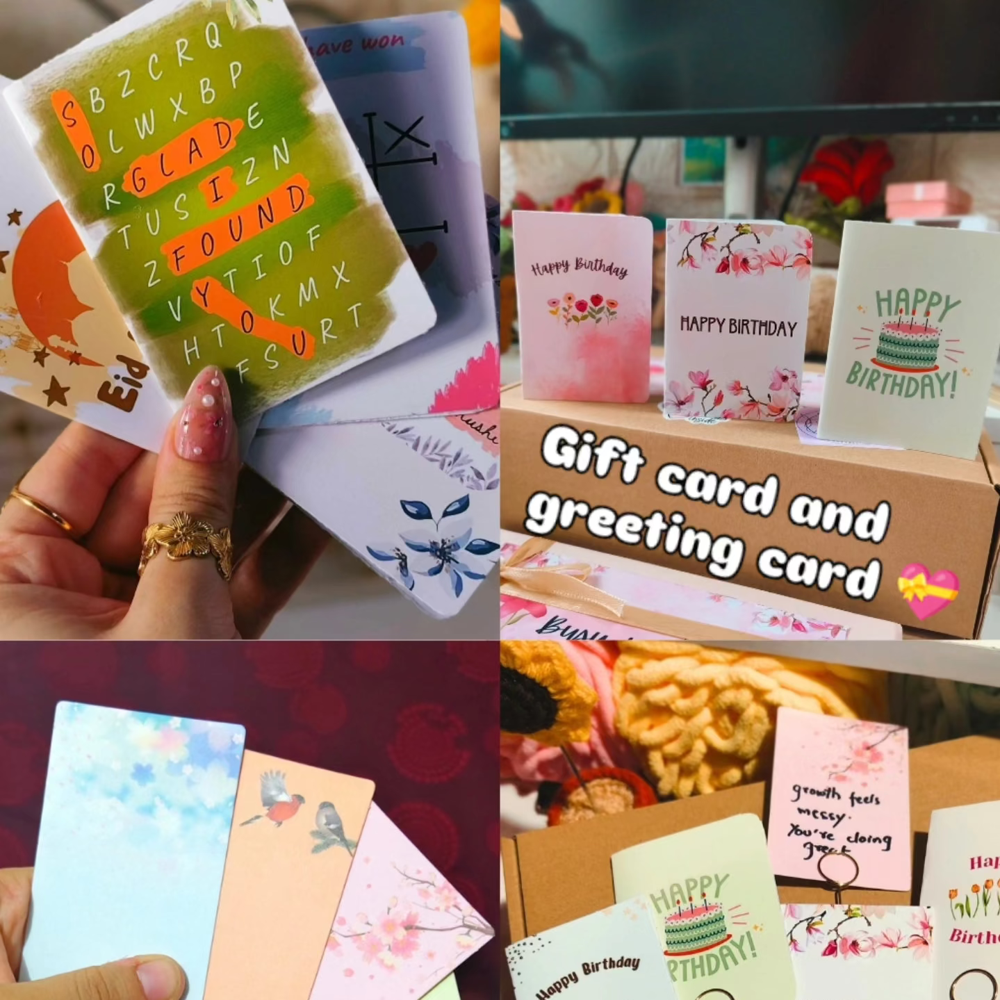 Collage of gift cards and greeting cards with various designs and text.
