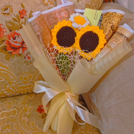 Bouquet of sunflower-shaped cookies on a floral-patterned surface