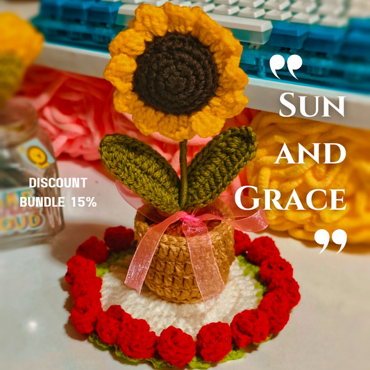 Crocheted sunflower and red flowers with 'Sun and Grace' text and discount offer.