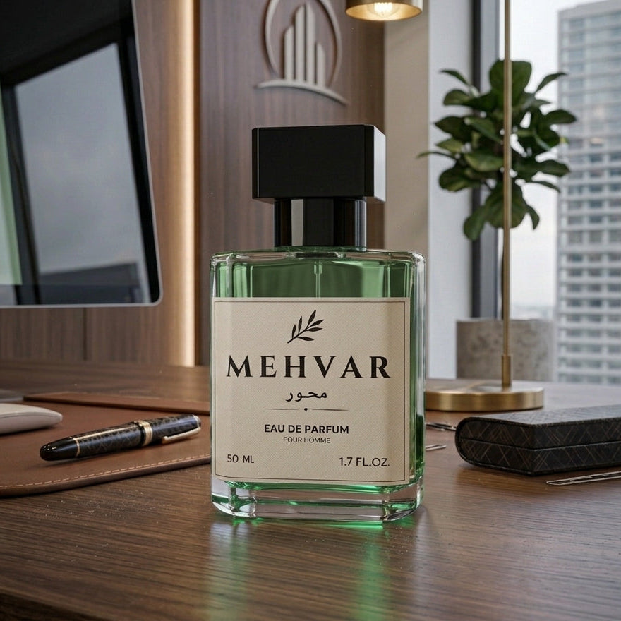 A bottle of Mehvar Eau de Parfum with a black cap and cream label, displayed on a wooden desk in a modern office setting with a computer monitor, pen, and plant in the background.