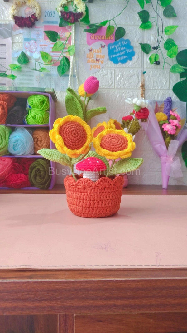 Sunflowers and Mushroom Family pot